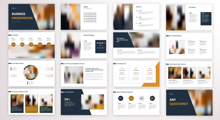 Naklejka na ściany i meble Clean, Minimalist Business and Pitch Presentation Template: 16 PowerPoint Sized Slide Layouts for about, mission, history, project, features, progress, milestones, prices, highlights, timelines