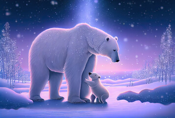 White polar bear with cub at polar night