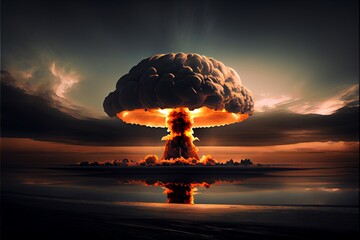 Nuclear explosion with mushroom cloud and apocalypse.. Generative AI