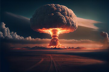 Nuclear explosion with mushroom cloud and apocalypse.. Generative AI