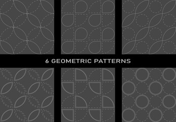 A set of 6 geometric seamless patterns made in the same style. Dark gray background, silver lines, geometric shapes and minimalism.