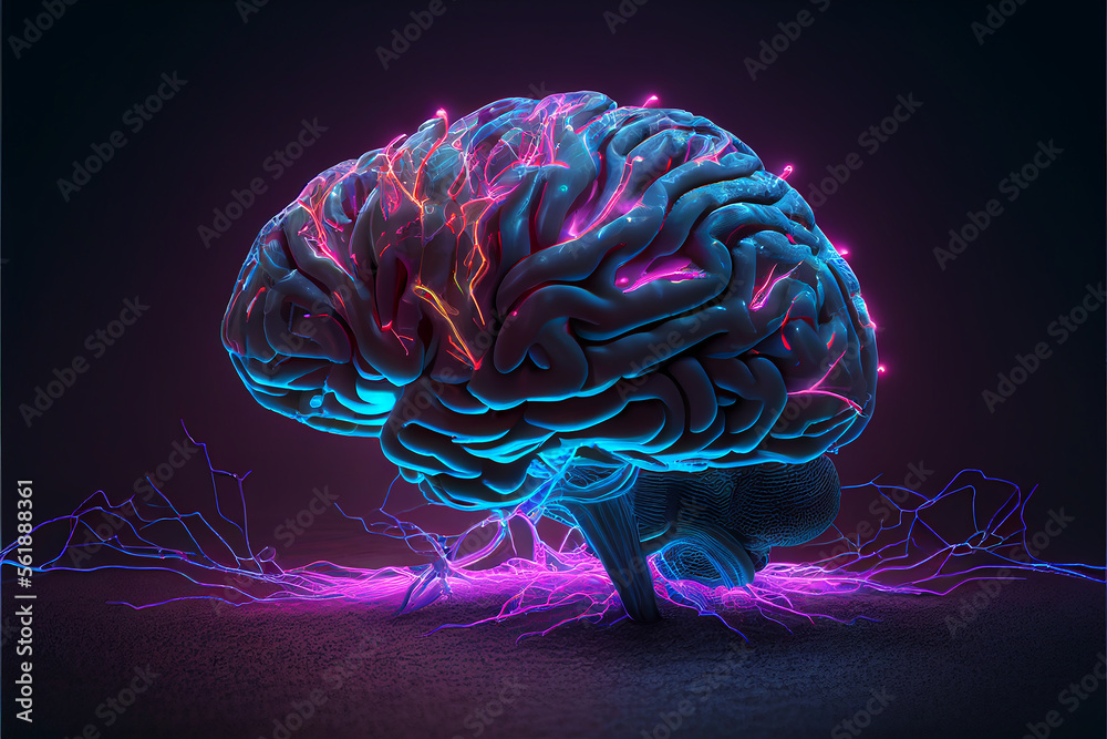 Wall mural neon brain on a black background. created with generative ai technology.