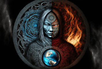 Fototapeta na wymiar Shaman holding the yin-yang portal to our universe and consciousness. Concept. Shaman guardian of our realities. Generative art, AI