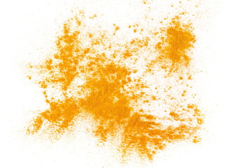 Turmeric scattered powder pile isolated on white background, top view