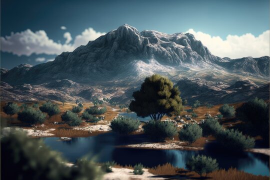 Algerian landscape illustration, Sahara Desert, Hoggar mountains, Algeria, created with generative ai