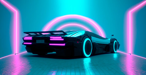 Futuristic car with neon lights against future background with glowing neon haze. Cyberpunk concept. Retro future wallpaper. Generative AI illustration.