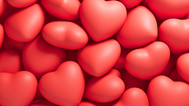 Many red hearts background. Valentine day backdrop. 3d render illustration