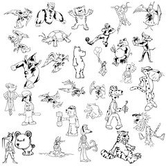 Set of cartoons sketches, set of cartoons silhouettes, cartoons with transparent backgrounds