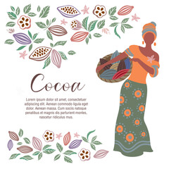 Farmer woman carries basket with cocoa pods, which are used as raw material for the production of chocolate. Pickers with baskets full of cocoa pods. Cocoa Beans. Vector illustration.