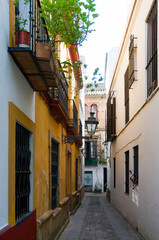 Typical narrow alley with painted buildings in Seville, Spain