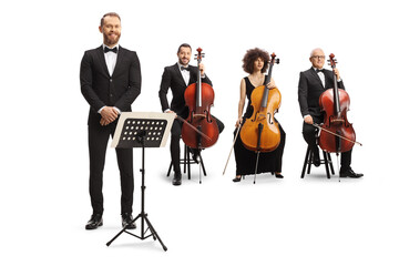 Group of male and female cellists and a music conductor posing