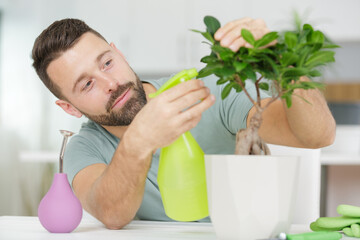 man watering a plant with spray bottle