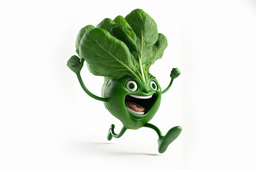 Cheerful funny cartoon spinach running isolated on a white background. Vegetable healthy food concept. Generative AI.