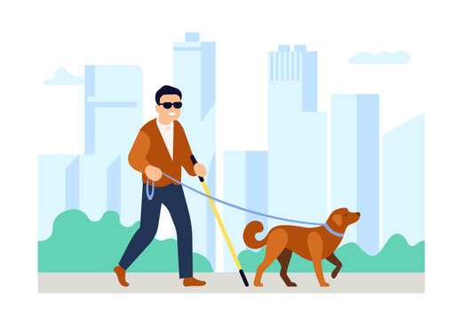 Blind man with guide dog walking in park. Disabled persons outdoor stroll. Pet leading handicapped male. Visual disability. Trained animal companion. Invalid assistance. Vector concept