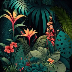 Fototapeta na wymiar Jungle leaves and flowers tropical background