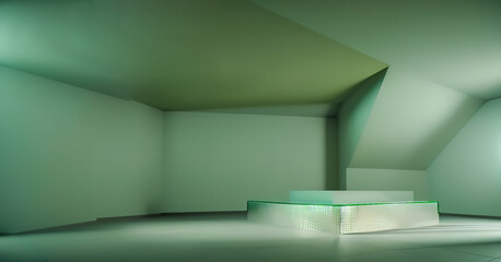 Generative AI 3d rendered illustration with geometric shapes green podium top light platforms for product presentation, with empty space. Abstract composition in modern style 