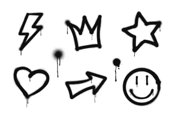 Foto auf Glas Graffiti drawing symbols set. Painted graffiti spray pattern of lightning, arrow, crown, star, heart and smile. Spray paint elements. Street art style illustration. Vector. © Roman