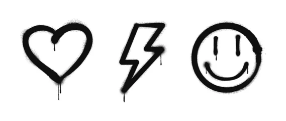Foto auf Alu-Dibond Graffiti drawing symbols set. Painted graffiti spray pattern of lightning, heart and smile. Spray paint elements. Street art style illustration. Vector © Roman