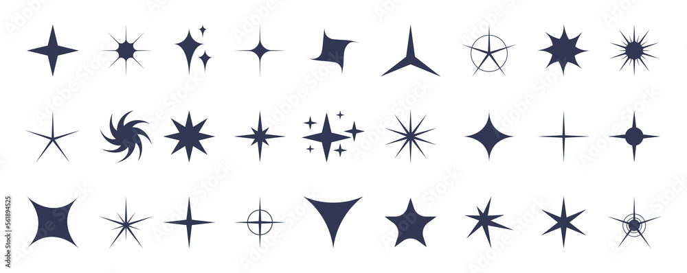 Poster Retro star icons set. Different shapes of twinkle stars and starburst. Trendy graphic elements for retro design. Vector.
