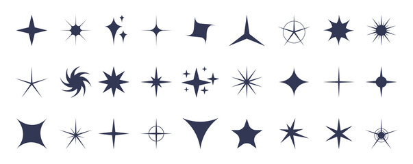 Retro star icons set. Different shapes of twinkle stars and starburst. Trendy graphic elements for retro design. Vector.