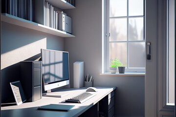 A 3D rendering of a light office interior with a PC computer. Generative AI