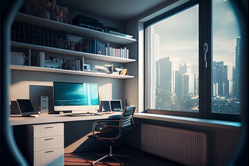 A 3D rendering of a light office interior with a PC computer. Generative AI