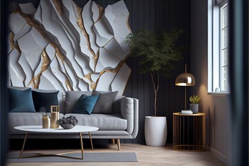 A 3D rendering of an interior design concept and modern living room with a wall background.. Generative AI