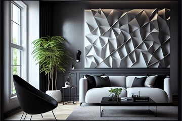 A 3D rendering of an interior design concept and modern living room with a wall background.. Generative AI