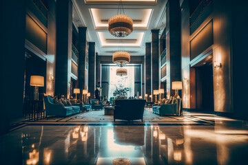 Fototapeta A luxury hotel lobby with furniture, and a large window, Generative AI obraz