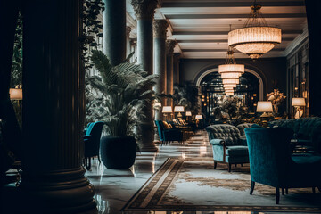 A luxury hotel lobby with furniture, large pillars and green plants, Generative AI