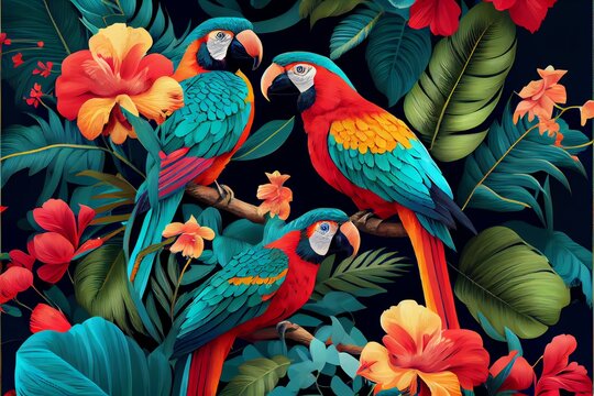 tropical pattern with parrots and flowers in bright colors. Generative AI