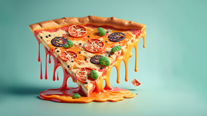 Creative pizzas meats. Italian pizza on solid background. A slice of juicy pizza. Design advertising for restaurant.