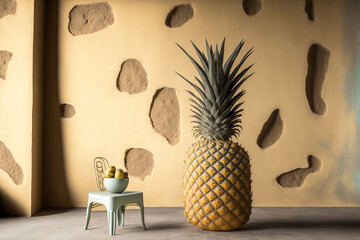 a pineapple on the sand. Pineapple Wallcovering. Generative AI - obrazy, fototapety, plakaty