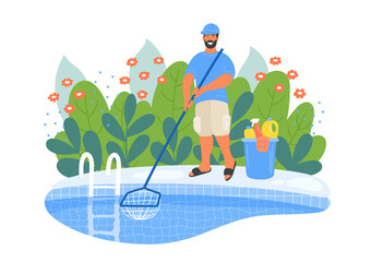 Obraz na płótnie Canvas Pool maintenance. Swimming pool cleaner in the garden