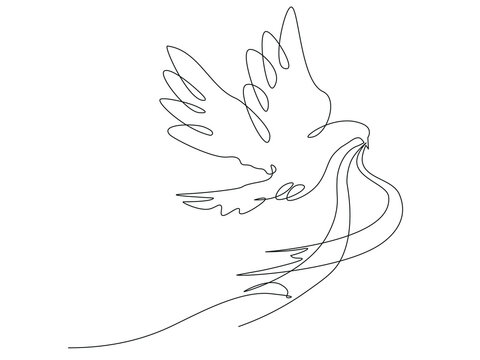 Conceptual image flying dove with ribbon in its beak. Continuous one line minimalistic art technique