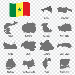 Fourteen Maps  of Senegal - alphabetical order with name. Every single map of Provinces are listed and isolated with wordings and titles.  Republic of Senegal. EPS 10.