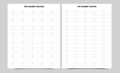 Writing practice numbers 4  and 5 printable, kindergarten kids to improve basic writing skills