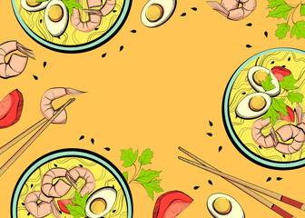 Poster with Asian noodles and ingredients for it on an orange background