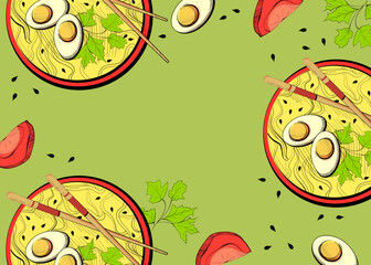 Poster with noodles and ingredients for it on a green background