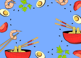Poster with Asian noodles in a red bowl and chopsticks on a blue background