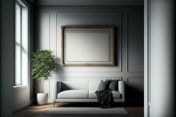 Large blank white painting on the wall in a minimalist room.