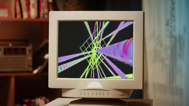 Retro pc with vintage screen saver, for chroma key green screen, Old computer studio close-up, Desktop vintage retro wave display, late 90s PC mock up for 3d motion design