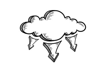 Vector Data Cloud Illustration. Hand Drawn Outline engraving Style  Vintage Line Style Data Cloud Technology Concept. Futuristic Neon Colors Data Cloud with Arrows Illustration. 