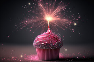 cupcake in pink with sparklers. Generative AI