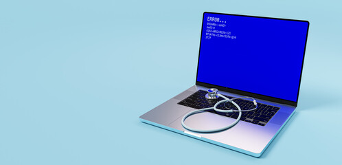 The computer service concept - stethoscope on laptop keyboard - panoramic 3d illustation