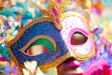 Carnival mask with colorful bokeh background IA