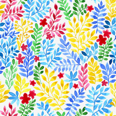 Fototapeta na wymiar watercolor seamless pattern with abstract colored leaves and flowers, branches of bright flowers. small print on white background