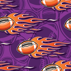 Obraz premium Rugby balls and tribal fire flame seamless pattern vector art image. Flaming American football balls continuous background wallpaper texture.