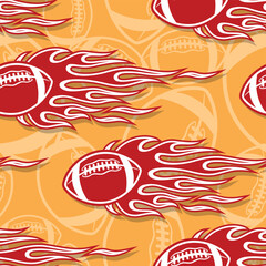 Rugby balls in fire repeating tile background. American football balls seamless pattern vector image wallpaper and wrapping paper design.