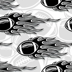 Rugby balls and tribal fire flame seamless pattern vector art image. Flaming American football balls continuous background wallpaper texture.